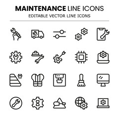 Fototapeta premium Maintenance Modern Line Icon Collection. Perfect for equipment management, tool usage, and technical service tasks.
