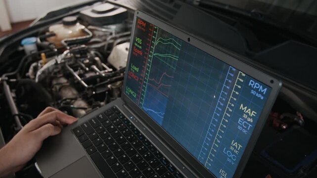 Medium close-up of hands of male automobile repair mechanic checking pumps and injectors while detecting engine faults using specialized computer software, during maintenance in garage
