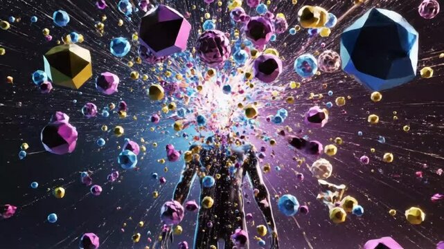 Vibrant abstract digital explosion of consciousness, mind, and data represented by geometric forms expanding into an infinite conceptual universe