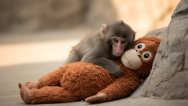 Punch the Monkey, Punch a Young Baby macaque monkey cuddling a brown plush orangutan toy with shallow depth of field outdoors on stone 