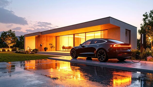 Black electric car parked outside illuminated house at dusk with wet pavement and outdoor furniture