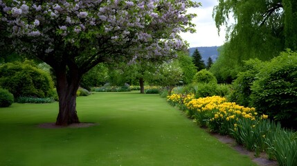 Obraz premium A beautiful spring garden bursts into bloom with a large blossoming tree and vibrant yellow flowers lining a lush green lawn