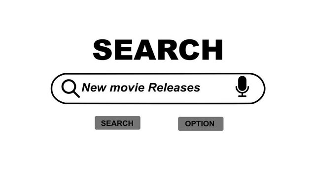 Search Bar Interface with New Releases Query on White Background voice search. 3D text and video animaton. Line Typing Text Box Layout Web Database Browser Engine Concept.
