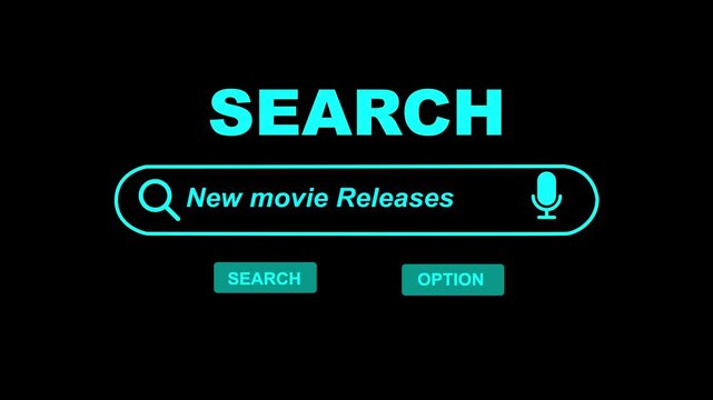 Search Bar Interface with New Releases Query on White Background voice search. 3D text and video animaton. Line Typing Text Box Layout Web Database Browser Engine Concept.
