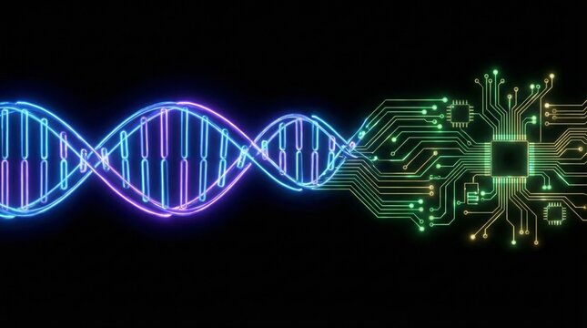 Dna double helix in neon tones merging with a glowing circuit board and microchips, symbolizing the fusion of biology, biotechnology, ai and advanced computational research