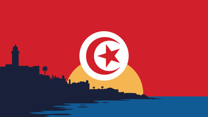 The iconic Tunisian flag proudly overlays a vibrant sunset silhouette of a coastal city and tranquil sea.