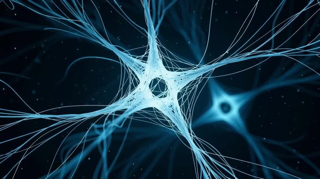 Close-up of a glowing blue neuron cell with intricate branches against a dark, deep space background for science themes.