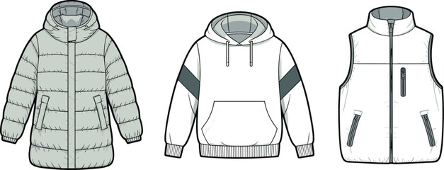 Outerwear fashion set, puffer jacket, hoodie, vest illustration, winter clothing design, cad drawing flat vector illustration © Best Design221