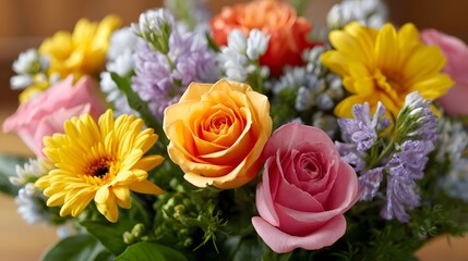 Obraz premium A vibrant bouquet of assorted fresh flowers including roses and daisies in bright colors