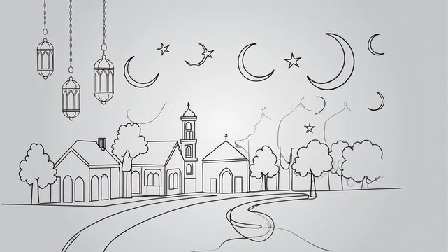 Ramadan Kareem mosque illustration with crescent moons and lanterns.