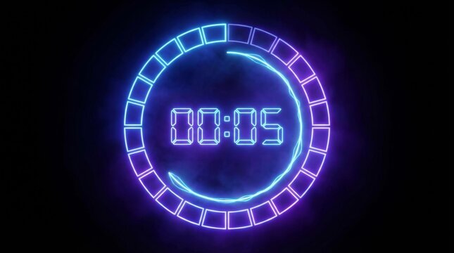Digital countdown timer with glowing neon blue and purple lights animated around a circular loading bar on a dark background, indicating remaining time