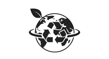 Obraz premium Black and white illustration of Earth with recycling symbols and a leaf.