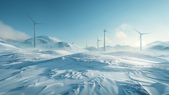 ind Turbines in Snowy Mountain Landscape &ndash; Clean Winter Energy