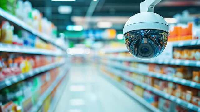 A security camera captures shoppers as they move down the grocery store aisle filled with various products