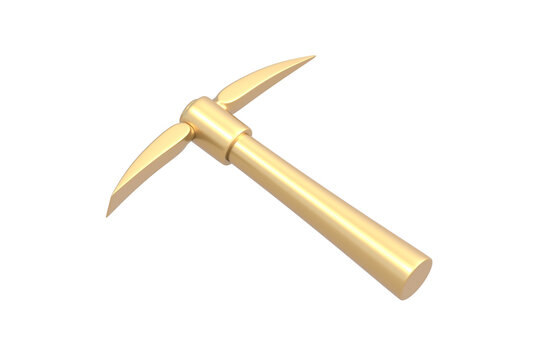 Golden pickaxe isolated white background. Tool for mining. 3d render