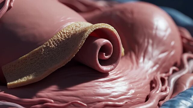Close up view of a stomach lining showing muscular tissue and rugae with a healthy pink hue and textured surface