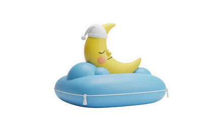 Fototapeta premium 3D render of a sleeping yellow crescent moon wearing a white nightcap, resting on a blue cloud pillow, isolated on a white background