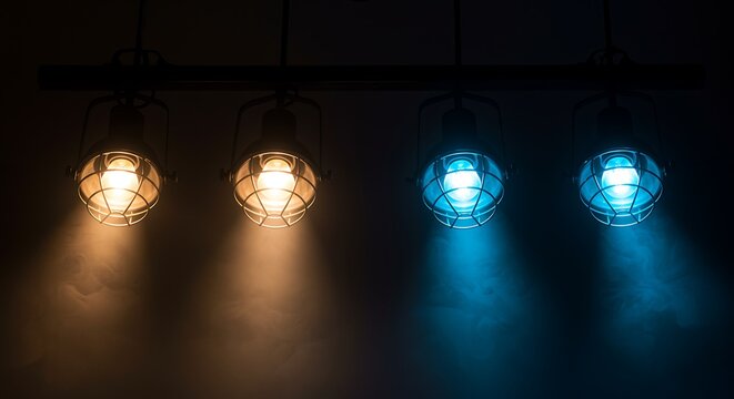 Industrial style caged pendant lights casting warm yellow and cool blue beams of light on a textured wall