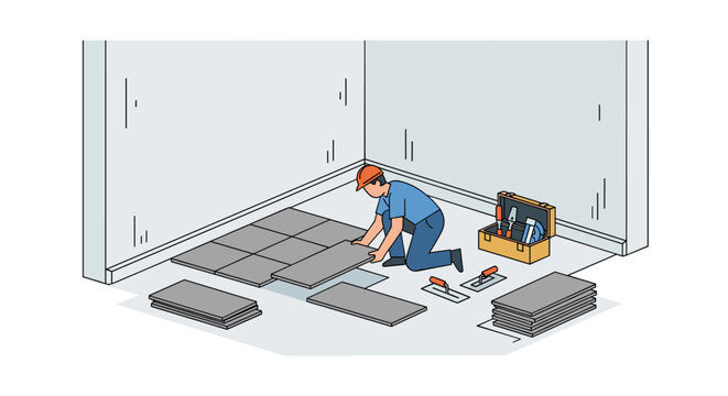 A construction worker in a hard hat lays grey floor tiles in a room corner, with a toolbox.