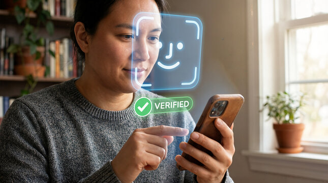 Biometric face ID scan authentication unlock on smartphone with user unlocking device using facial recognition, secure mobile access, privacy protection and touchless security technology