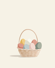 Minimal flat vector illustration of a wicker basket filled with pastel Easter eggs on a soft neutral background, perfect for seasonal greeting designs.