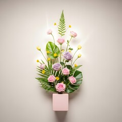 Obraz premium Elegant floral arrangement of pink and purple roses, yellow flowers and green leaves in a modern pink vase