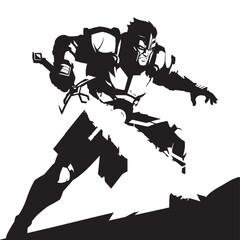 Dynamic silhouette scene of two armed figures sprinting in a tense urban chase.