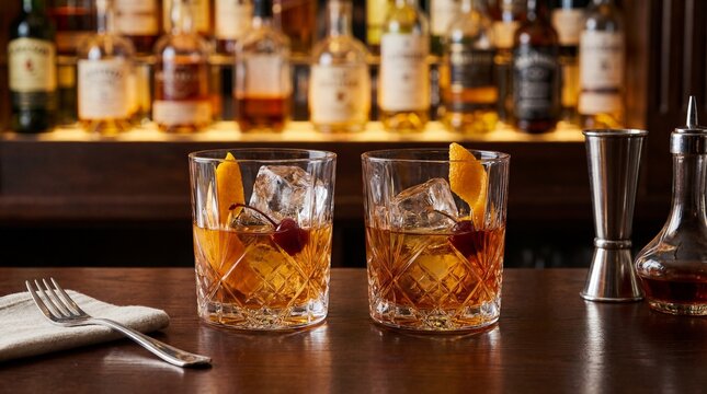 Two glasses of whiskey on the rocks sit on a bar with bottles in the background