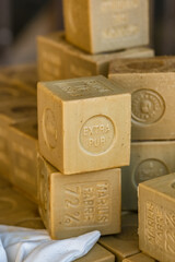 Traditional blocks of Savon de Marseille soap in a Salon-de-Provence boutique