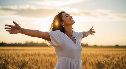 Woman embracing freedom in a golden wheat field at sunset