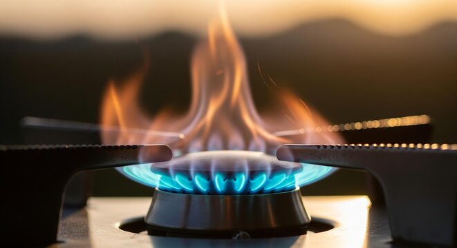 Bright blue gas flame burns on a stove burner with orange flames above