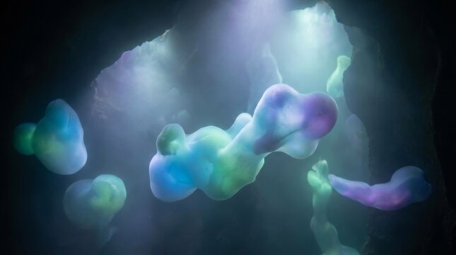 Bioluminescent amoebic shapes float and glow with an ethereal light within a dark, mysterious underwater cave, creating a dreamy and surreal aquatic environment