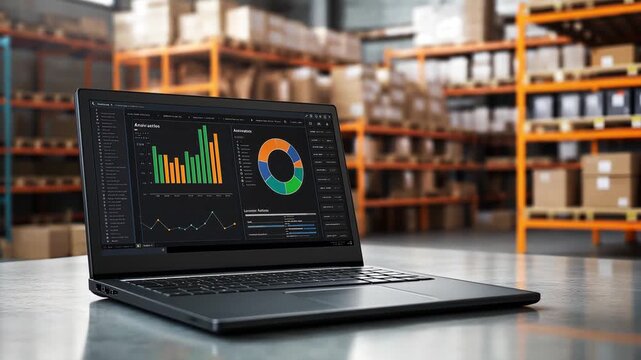 Sales data shows metrics and trends on laptop while packages are organized in the warehouse behind