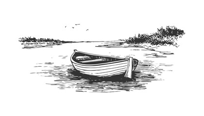 Wooden Rowboat Vintage Fishing Boat Engraving Illustration.  Hand-drawn coastal marine vessel, ideal for maritime lifestyle themes, coastal decor, fishing design, and nautical branding. © julia_khimich