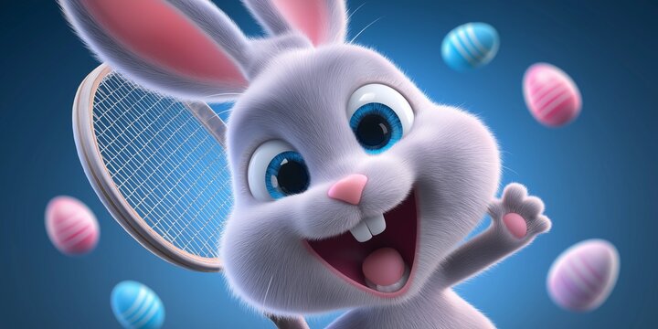 3D-animierter wei&szlig;er Cartoon-Hase h&auml;lt Tennisschl&auml;ger und Ostereier, stehend vor blauem Hintergrund