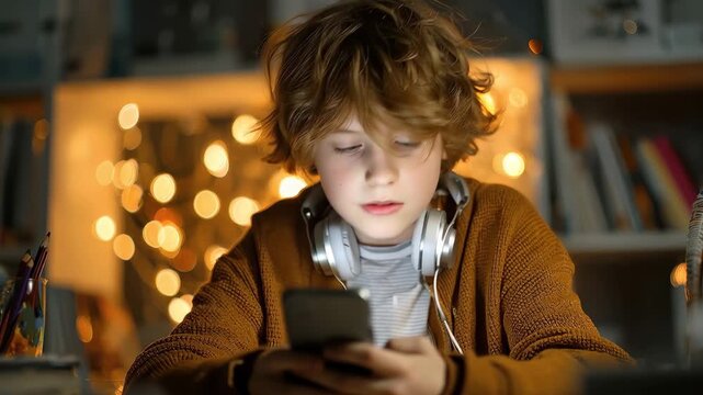 Schoolboy engages in distance learning at home, using a smartphone to connect with online education resources during evening hours