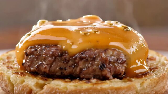 Melting cheddar cheese on a hamburger patty, gooey texture
