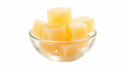 Cheese cube dairy snack yellow fresh glass bowl appetizer isolated delicious soft texture party food closeup square shape protein healthy gourmet