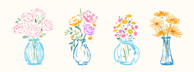 Obraz premium Hand drawn flowers in vases. Sketched style flower bouquets. Naive design. Spring, summer botanical art.