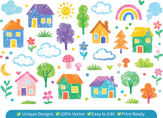 Fototapeta premium Cute Cartoon Houses and Nature Vector Set – Colorful Kids Village Clipart Collection