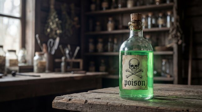 A bottle of green liquid labeled poison sits on a wooden table in a dimly lit laboratory.