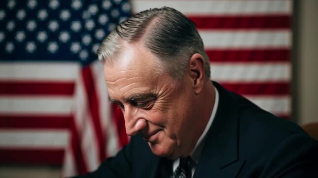 FDR with American flag softly blurred in background, ultra-realistic