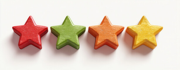 Obraz premium Colorful wooden stars in red, green, orange, and yellow arranged in a row on a light surface