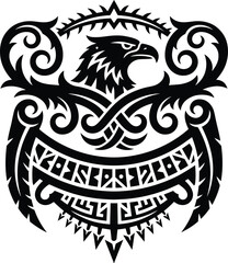 Majestic eagle head with intricate tribal patterns and Celtic knots, surrounded by abstract thorns and runes.