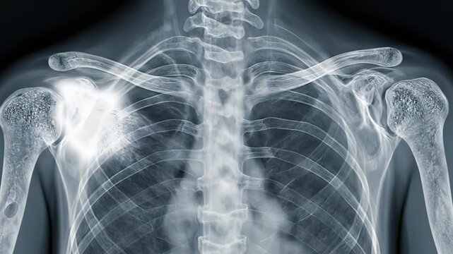 A monochrome x-ray of the human upper body skeleton, revealing bone structure relevant to shoulder and upper back muscle anatomy.