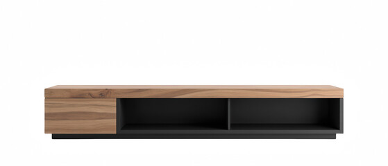 Obraz premium Modern wooden TV stand with black glass doors, minimalist style, suitable for living room, sleek and functional furniture piece