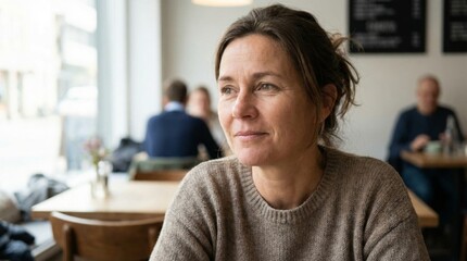 Fototapeta premium Mature woman sitting at a table in a bright café, looking away thoughtfully and contemplating, enjoying a moment of solitude and personal reflection in a public space