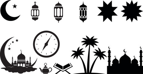 Fototapeta premium Collection of Islamic cultural symbols and motifs including crescent moon mosque and lanterns