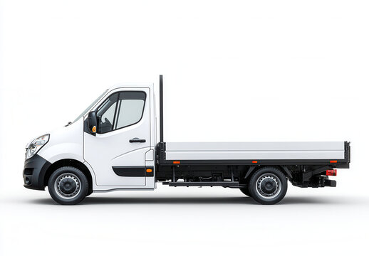 White delivery truck with open bed parked on plain background during early morning hours