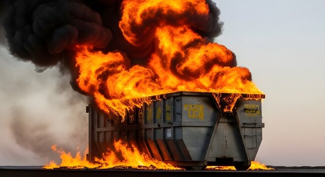 Large metal dumpster engulfed in bright orange flames with thick black smoke